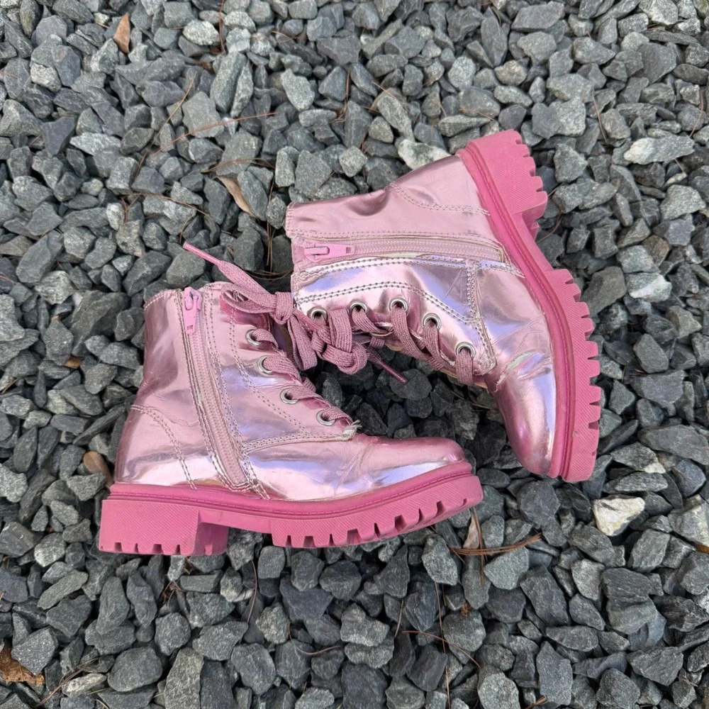 Jumping Beans Girls Metallic Pink Combat Boots Side Zip Heart Lug Sole Size 11T
